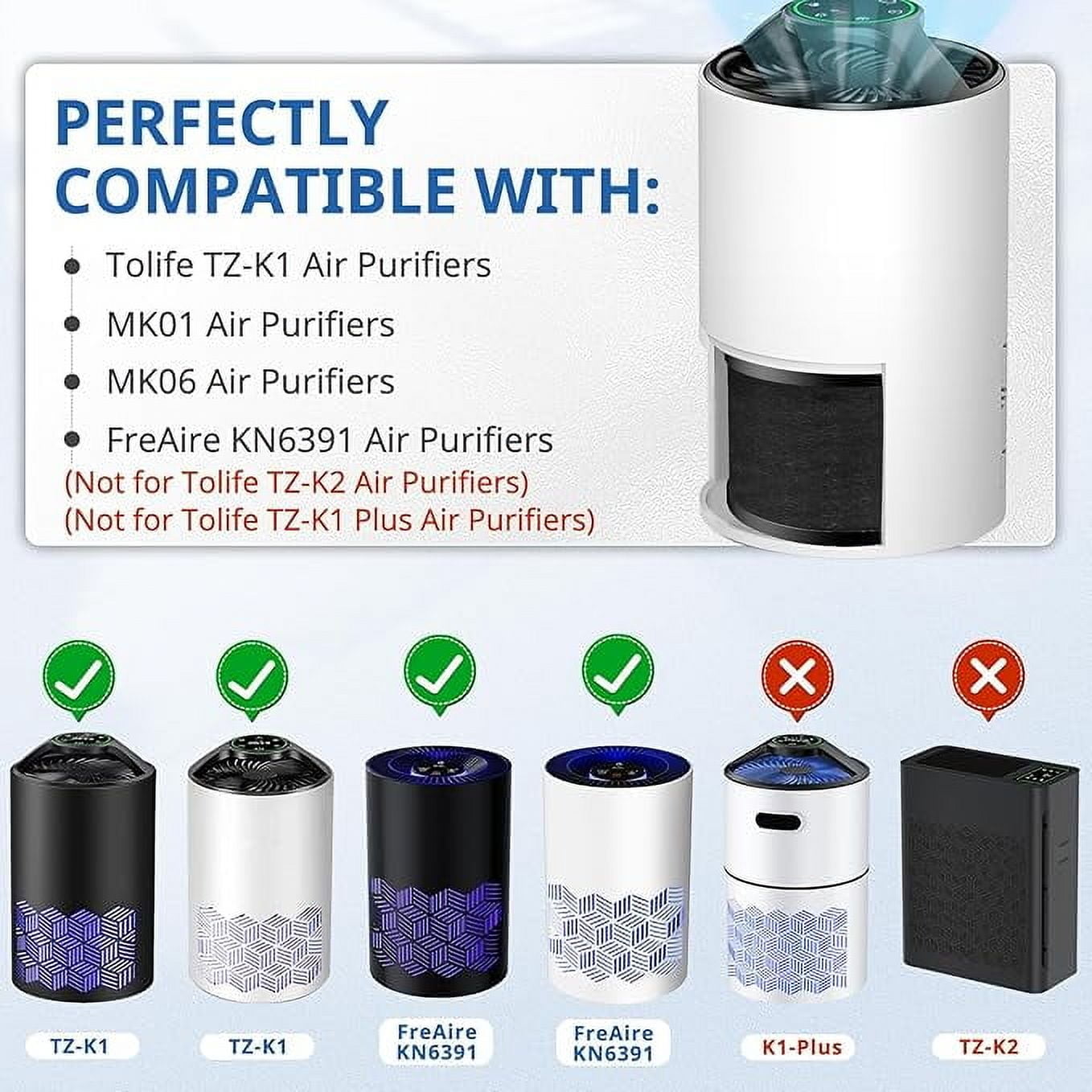 2 Pack FreAire KN6391 Replacement Filter Compatible with FreAire KN6391 Air Puri-fier, MK01 MK06 Air Purifi-ers, 3-in-1 H13 HEPA Filter, Activated Carbon and Pre-filter, 360° Rotating Filter