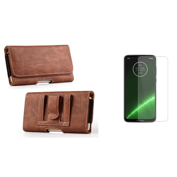 Luxmo PU Leather Wallet (Card Slot/Coin Holder) Holster Carry Case (Brown) for Motorola Moto G7, Moto G7 Plus with Tempered Glass Screen Protector and Atom Cloth