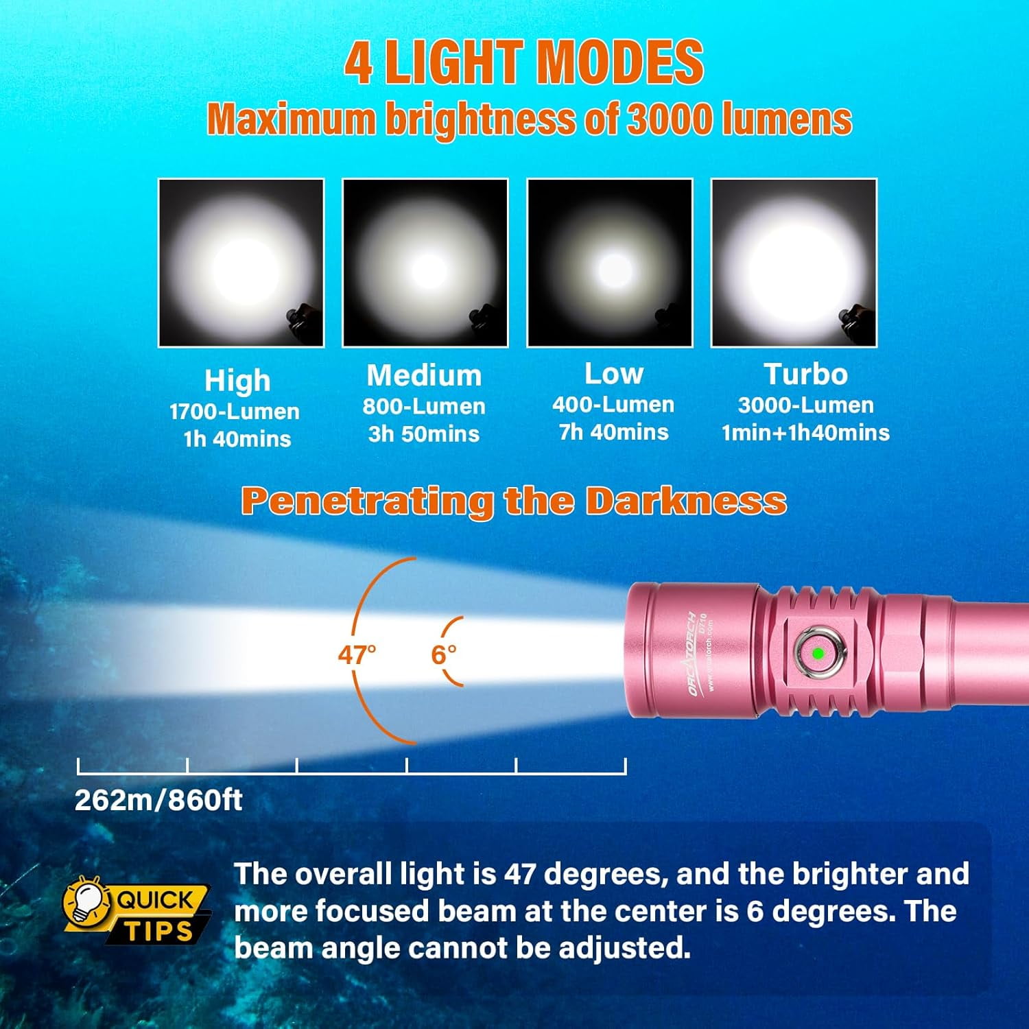 ORCATORCH D710 Scuba Diving Light, 3000 Lumens Super Bright Underwater Flashlight with 6 Degrees Narrow Beam, IP68 Waterproof Night Dive Torch 150 Meters Submersible Light (Pink)