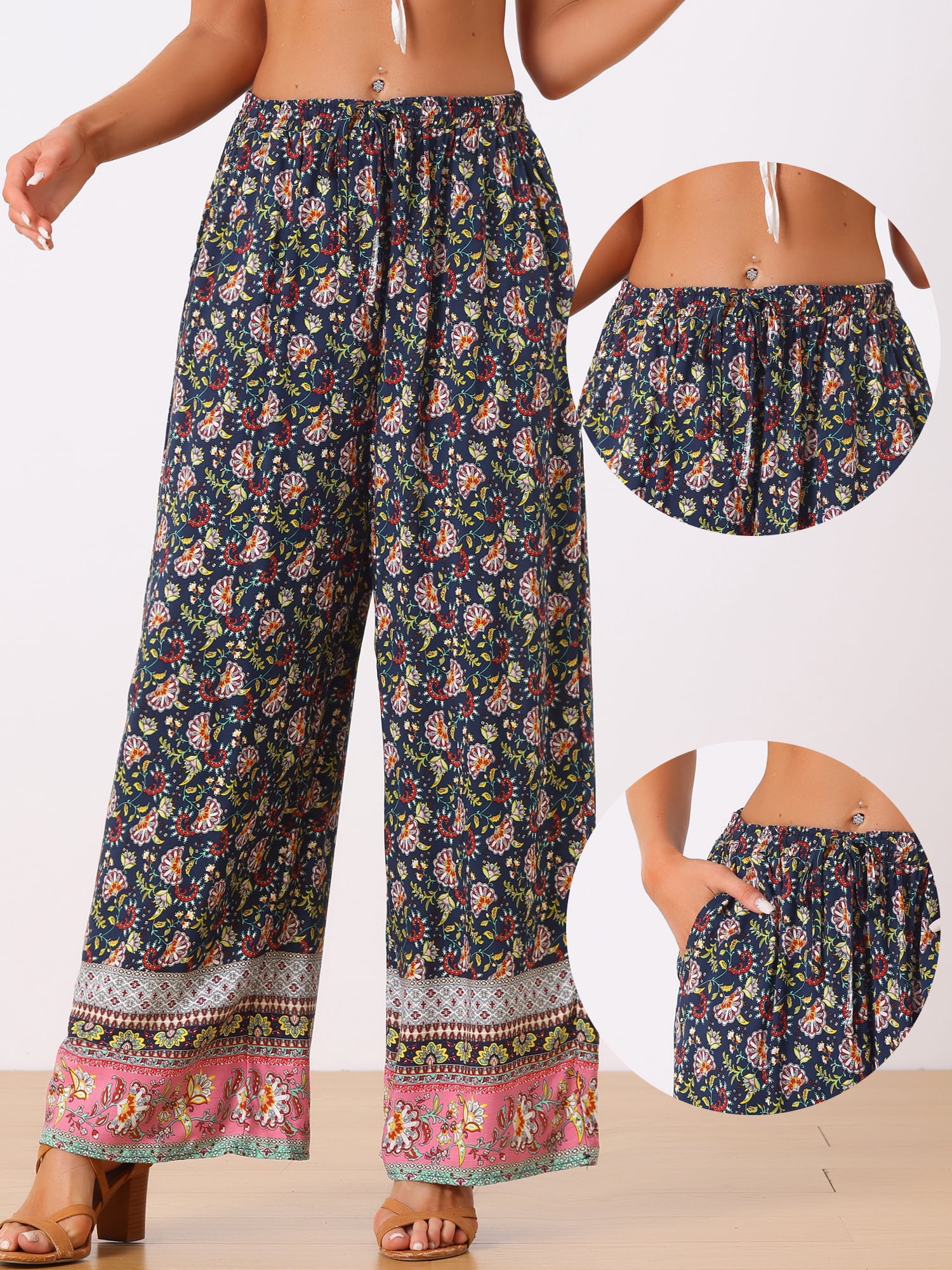 DARING DIVA Women's Drawstring Waist Wide Leg Floral Pants with Pockets M Navy Blue