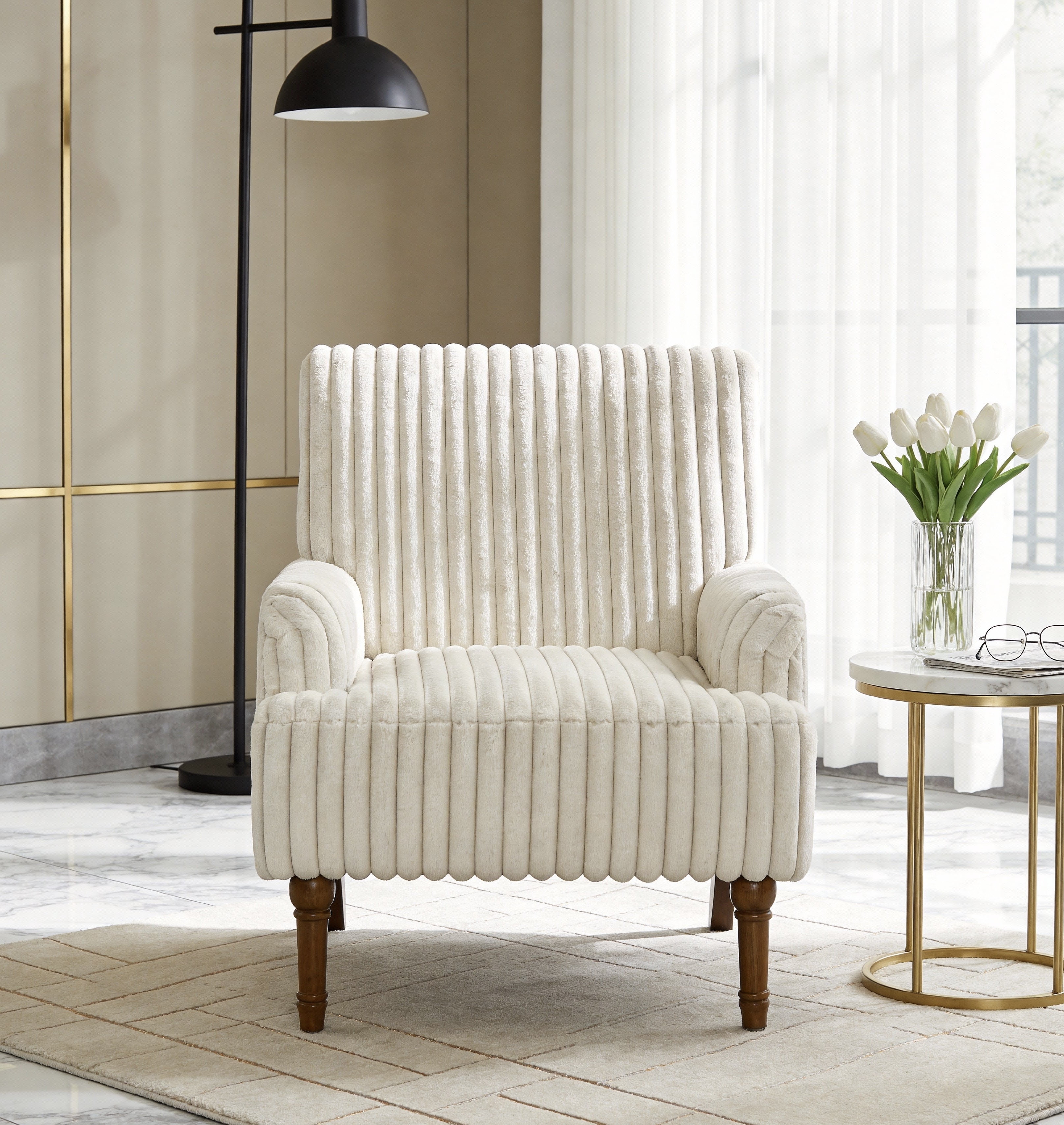 Modern Accent Chair with Wide Wale Corduroy, 9 Inch Solid Wood Legs, Upholstered Armchair with Thick High-Density Foam Cushion for Living Room, Beige