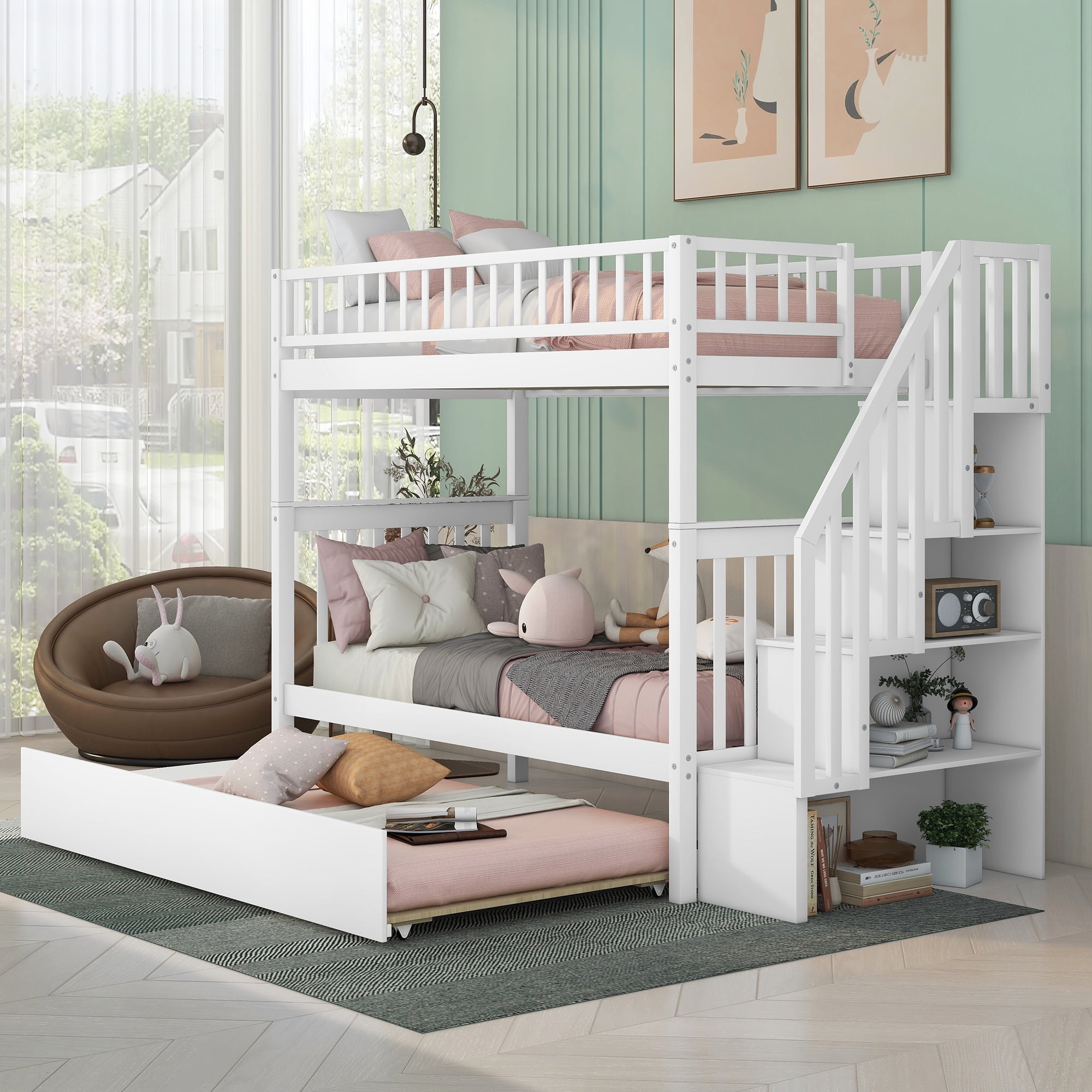 Bellemave Wood Twin over Twin Bunk Bed with Trundle, Storage Stairs ...