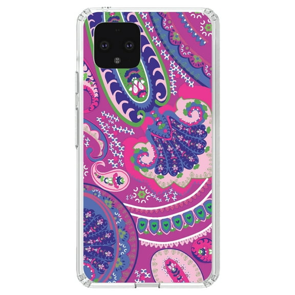 DistinctInk Clear Shockproof Hybrid Case for Google Pixel 4 (5.7" Screen) - TPU Bumper, Acrylic Back, Tempered Glass Screen Protector - Pink Purple Green Paisley