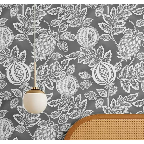 S4Sassy Botanical Pomegranate Wallpaper - Grey Wall Covering, 25" x 60" Self-Adhesive Vinyl Wallpaper, Walls Wrap, Easy DIY Wall Covering For Farmhouse Bedroom, Room, Cabinets, Living Spaces