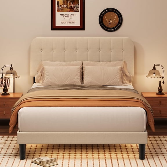 Full Size Bed Frame, Lofka Full Platform Bed Frame with Upholstered Headboard with Velcro Design for Easy Assembly, 850lbs, Beige