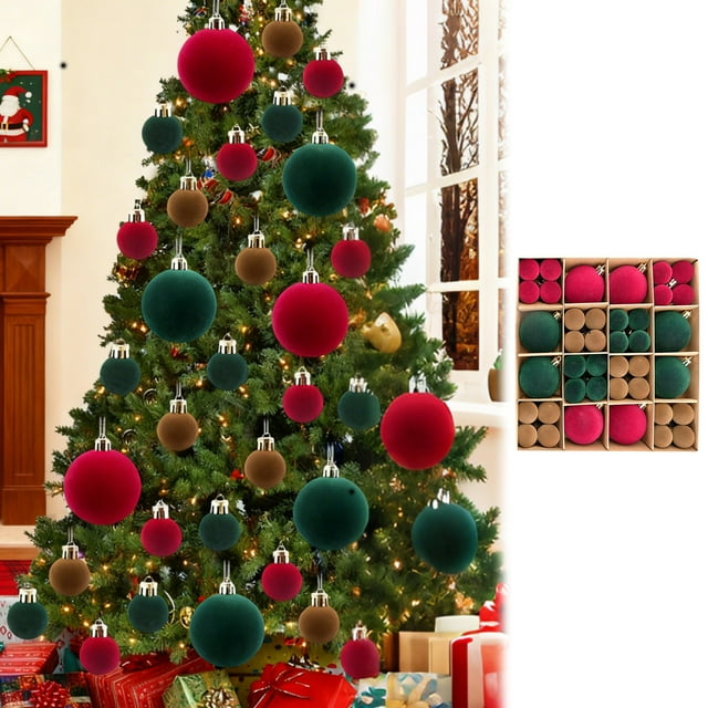 72 PCS Velvet Christmas Ba Lls Flocked Christmas Tree Ornaments Plastic Xmas Tree Decorations Bu Rgundy Navy Green Hanging Ba Lls For Christmas De Cor Festive Home Party Wedding
