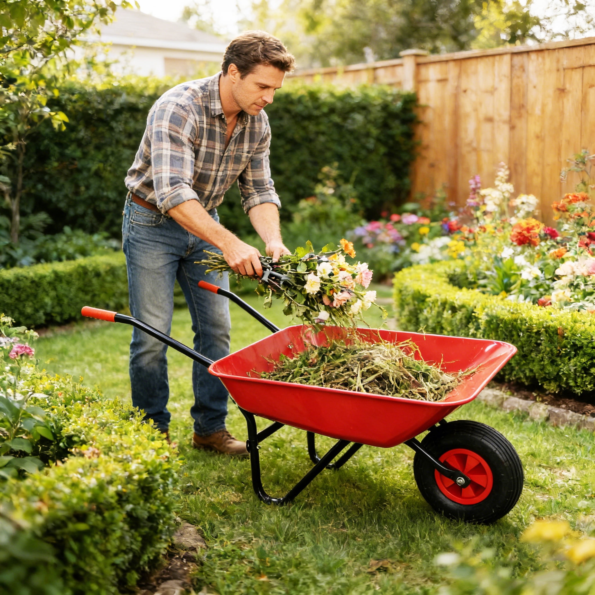 Steel Tray Wheelbarrow Trolley, 220 lbs Capacity Garden Wheel Barrow with 12 Inch Pneumatic Wheel, Heavy Duty Metal Handle Utility Trolley, 2.2 Cu.Ft Steel Tray for Gardening Landscaping