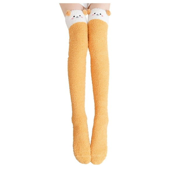 FhsagQ Socks Womens Socks Plus Size Women's Cartoon Fuzzy Socks Winter Warm over Knee High Socks Home Thigh-High Warm Socks Leggings Womens Socks with Garter Yellow One Size
