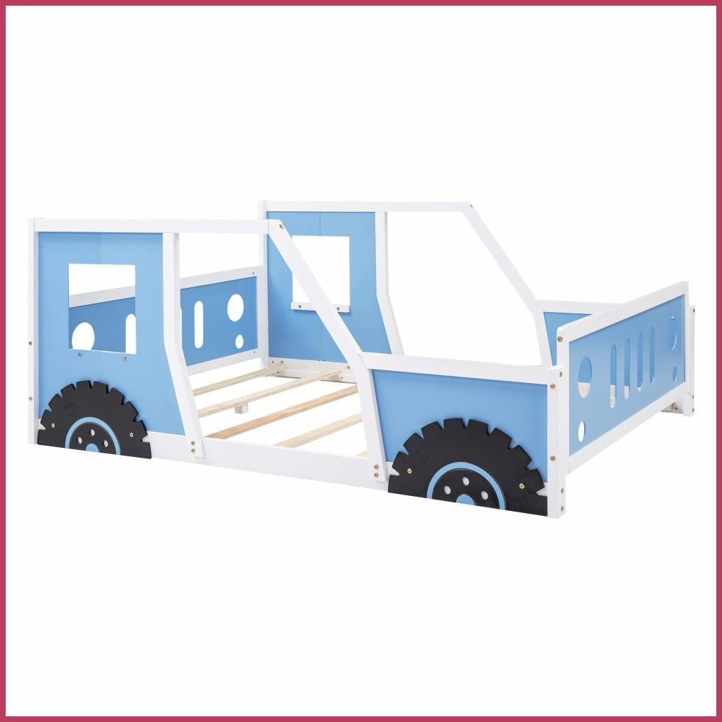 Full Size Pine Wood & MDF Classic Car-Shaped Platform Bed with Wheels, Blue for Bedroom