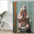 thumbnail image 5 of Funny Animal Shower Curtain, 66" x 72", Hippo Sitting on Toilet Hippo Playing Phone Waterproof Bathroom Curtain Washable Shower Curtain Set with 12 Hooks, 5 of 6