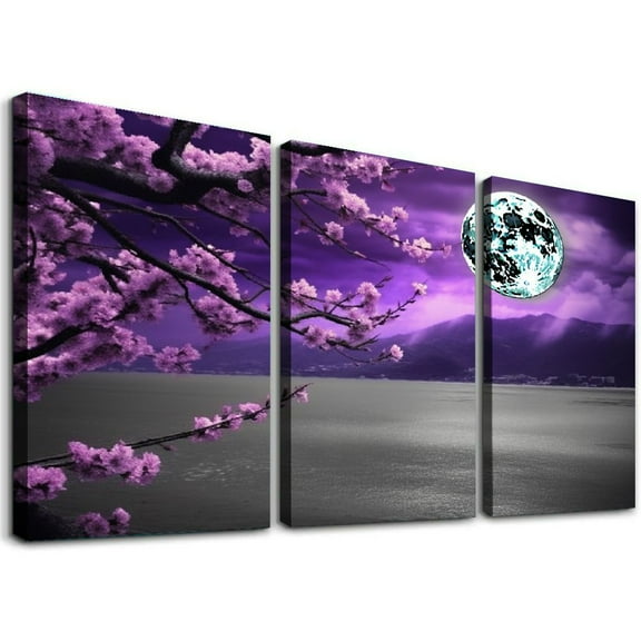 JRXY Large Purple Wall Art Decor for Living Room Bedroom Framed Black and White Seascape Full Moon Purple Flower Painting Canvas Picture Modern Hand-Painted Plum 12''x16''X3 Panels 12x16x3pcs