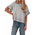 thumbnail image 3 of Women's Knit Crochet Short Sleeve Round Neck Ruffled Hem Pullover Fall Sweater for Casual Summer Gray M, 3 of 8