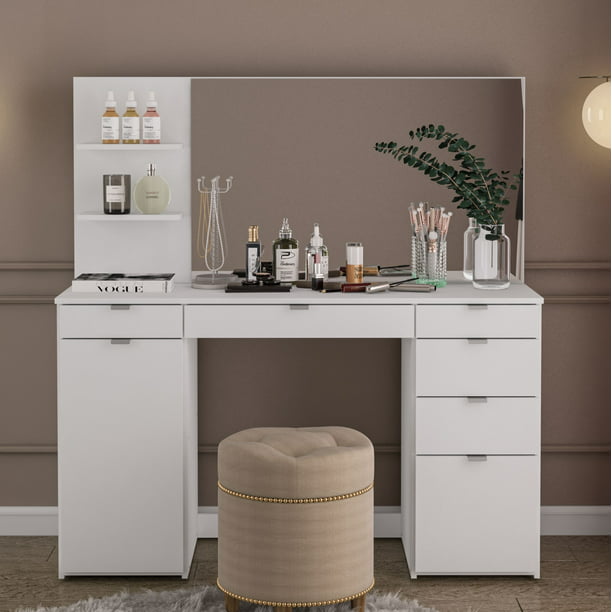 Polifurniture Amelia Modern Bedroom Vanity Desk with Mirror, White Finish
