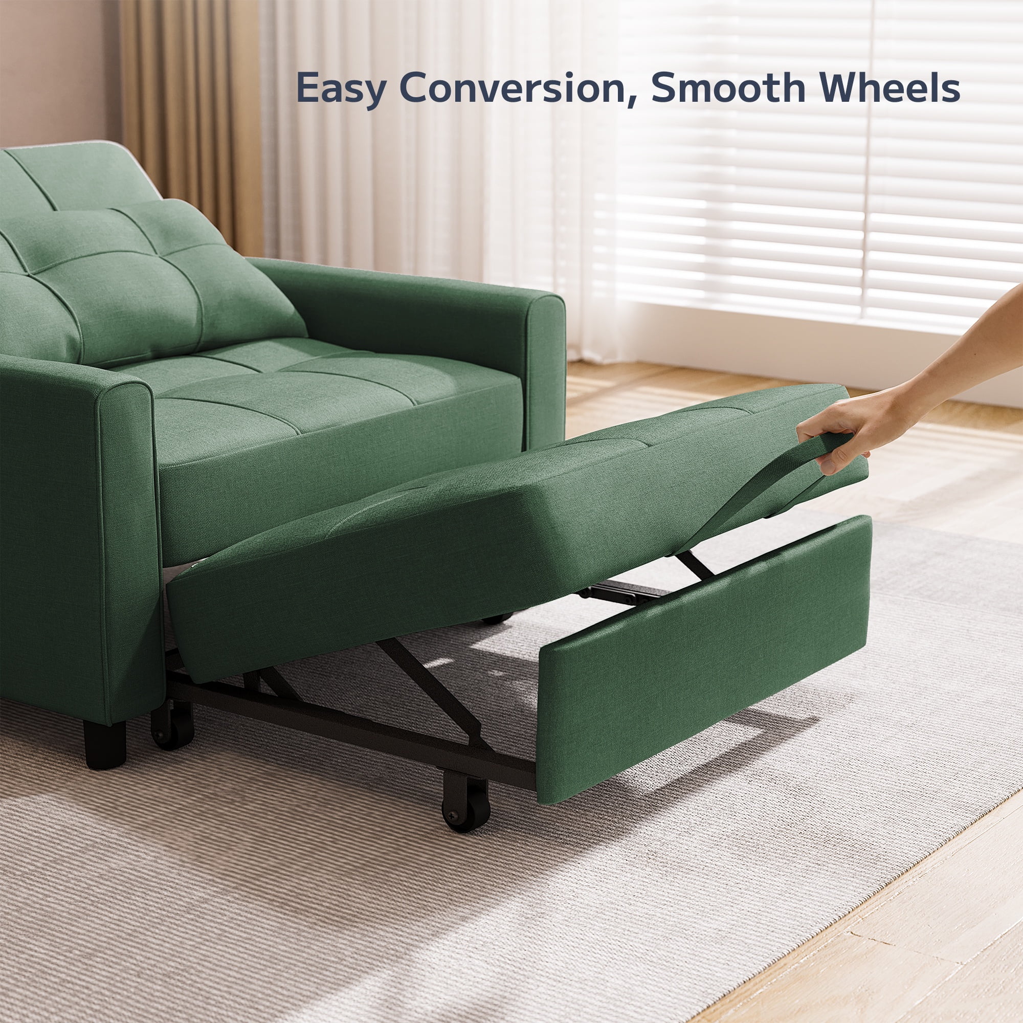 Asofer Sofa Bed Chair, 3 in 1 Convertible Futon Couch, Adjustable Backrest, for Living Room, Office, Green