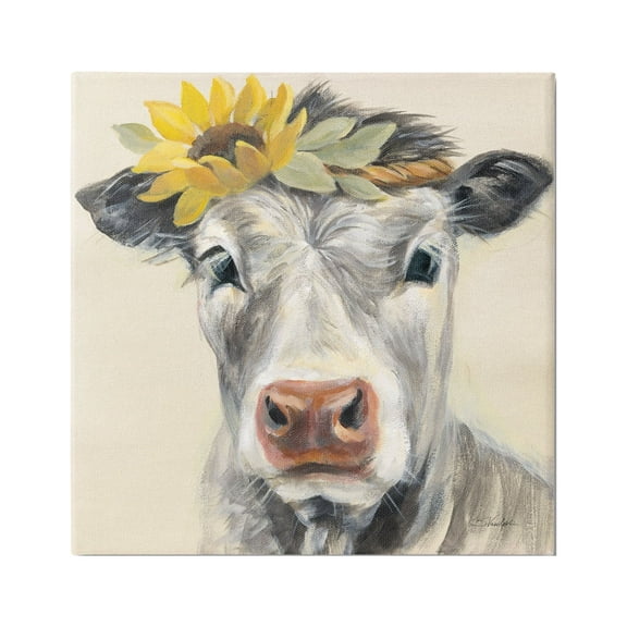 Stupell Industries Cow with Sunflower Crown Animals & Insects Painting Gallery Wrapped Canvas Print Wall Art, 17 x 17
