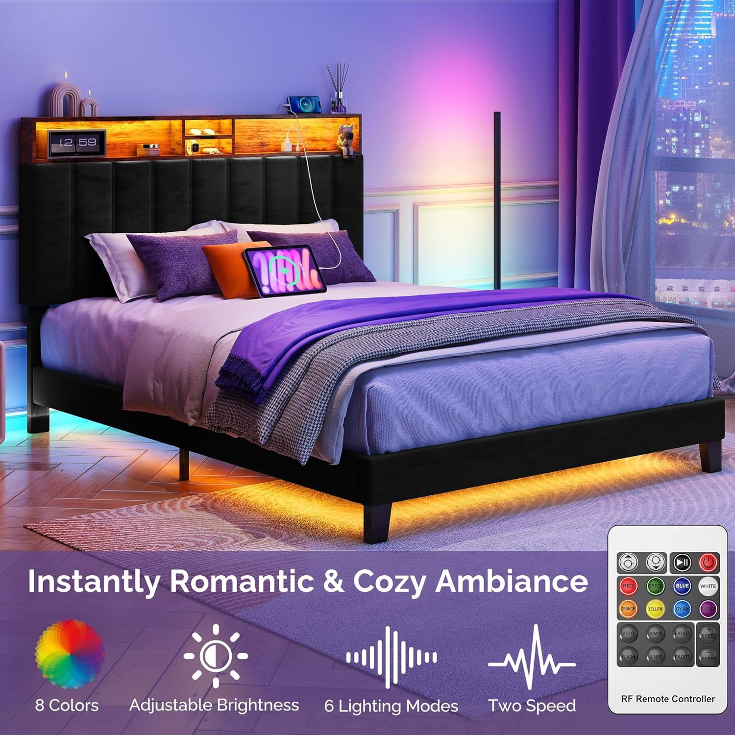 Sersper Queen Size Platform Bed Frame with Storage Upholstered Headboard, Built-in Charging Station & RGB LED Lights, Noise-Free, Easy Assembly, Black