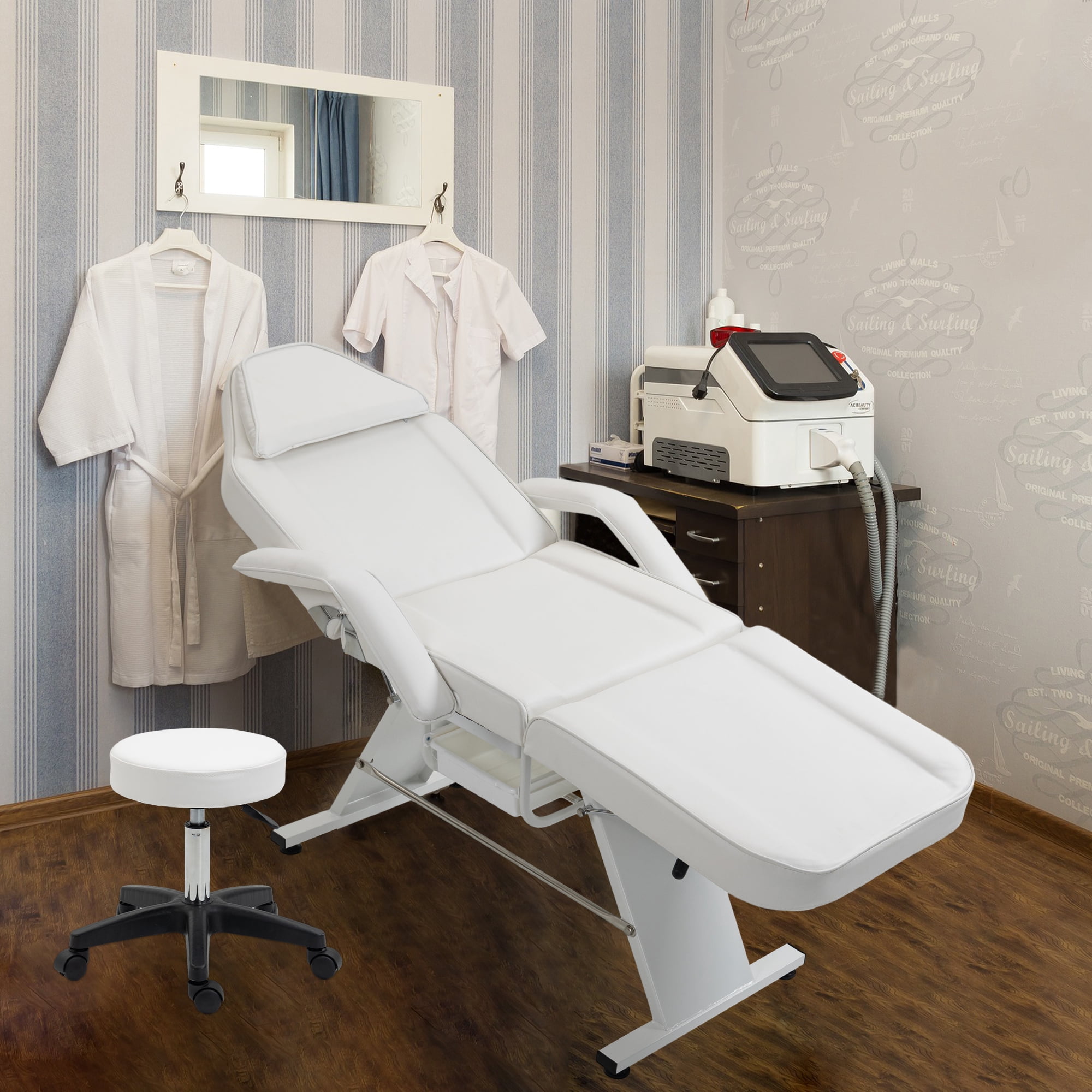 Miniyam 72.7" x 24.4" x 27.6" 3-in-1 Massage Bed & Tattoo Chair – 2 Trays, Hydraulic Stool, Adjustable 3 Sections – for Facial, Beauty, Barber – White