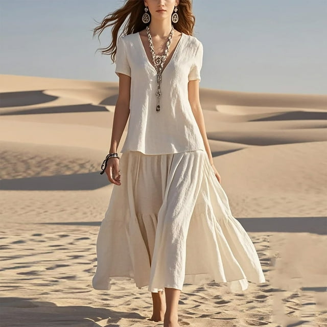 Staron Robes d'Été pour Femmes 2025 Col en V Profond Ample Été Décontracté Manches Courtes Ligne A Longue Robe Maxi Coton Lin Voyage Vacances Robes