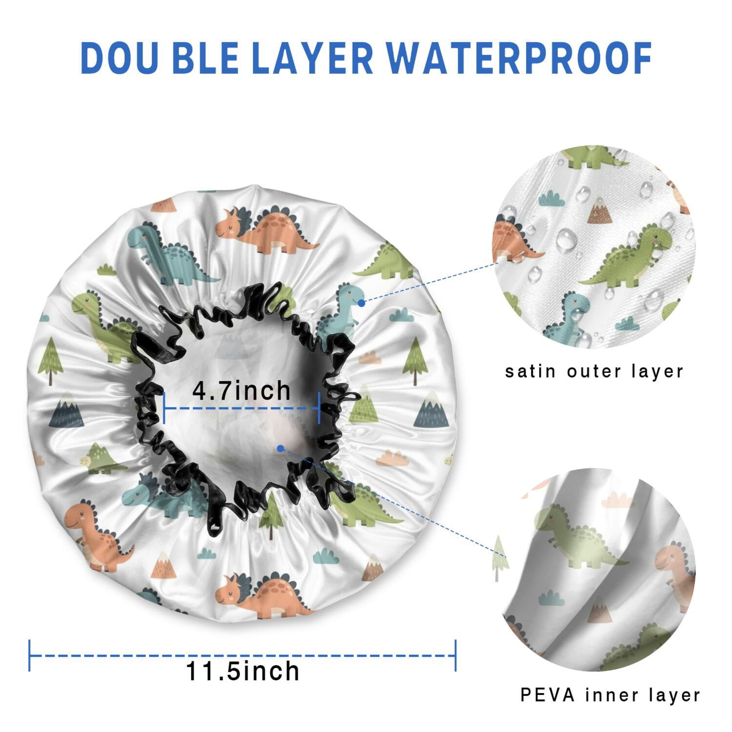 Shower Caps,White Dinosaurs Landscapes Pattern Waterproof Shower Cap for Women 4 Pieces,Double Reusable Hair Cover for Shower PEVA Elastic Stretch Hem