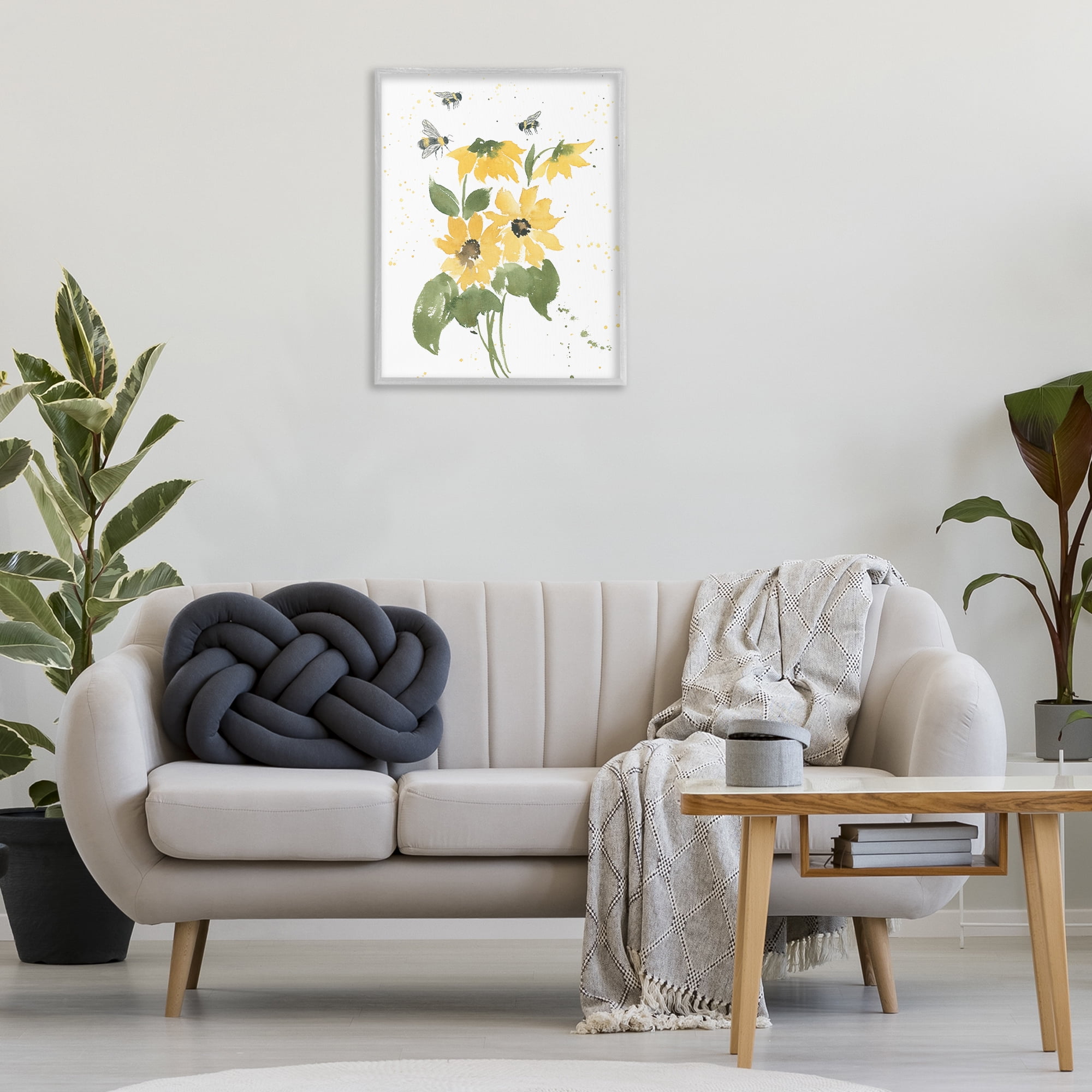 Stupell Industries Bumble Bees & Daisies Botanical & Floral Painting Gray Framed Art Print Wall Art, 24 x 30
