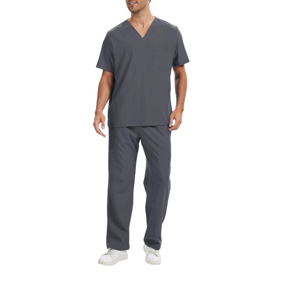 Sewkxo Men Scrubs Set - Stretch V-Neck Scrub Top & Jogger Pant with Pockets Yoga Waistband Anti-Wrinkle Scrubs for Men,Gray S