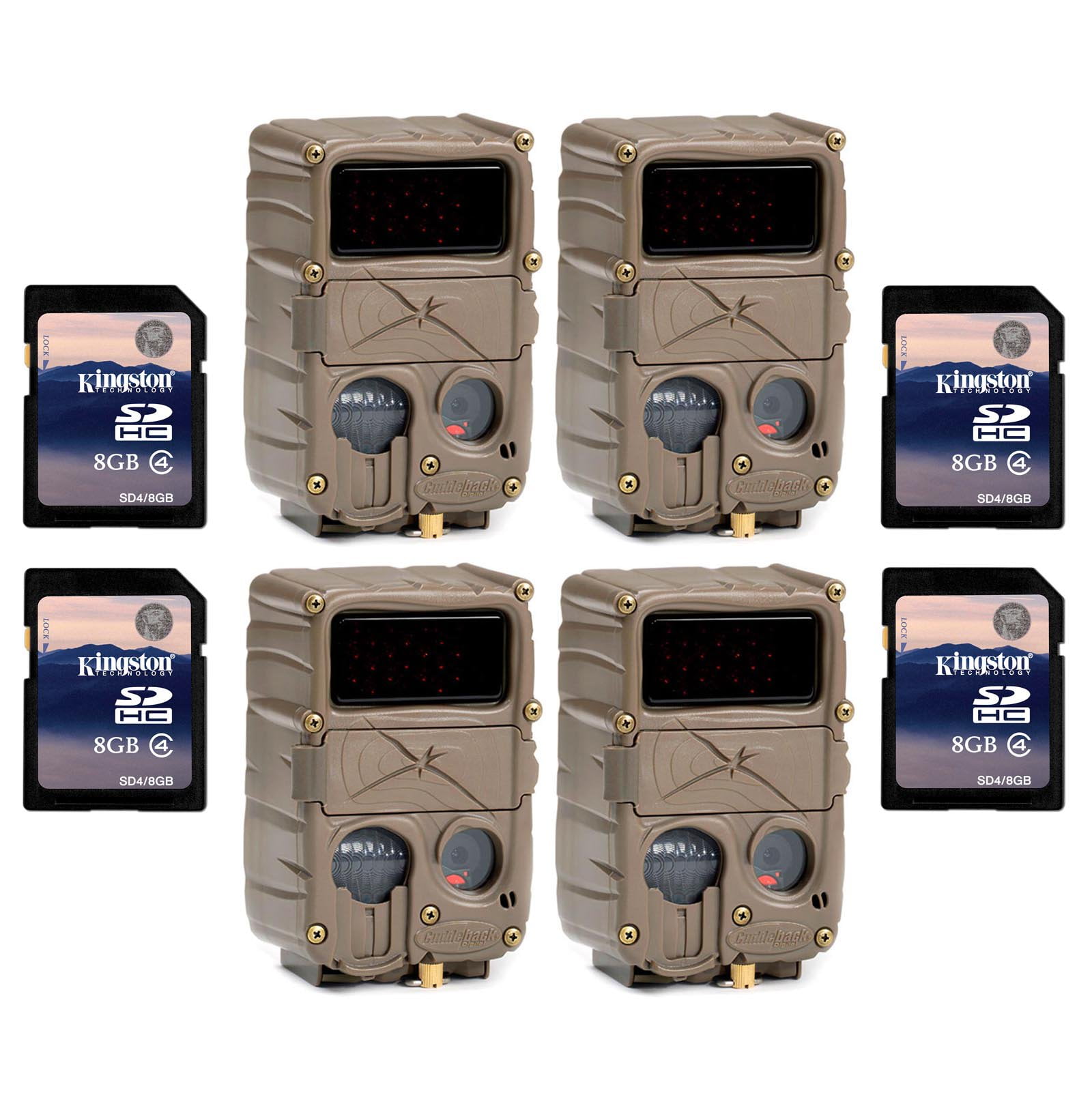 (4) CUDDEBACK E3 Black Flash No Glow Infrared Game Hunting Cameras + SD