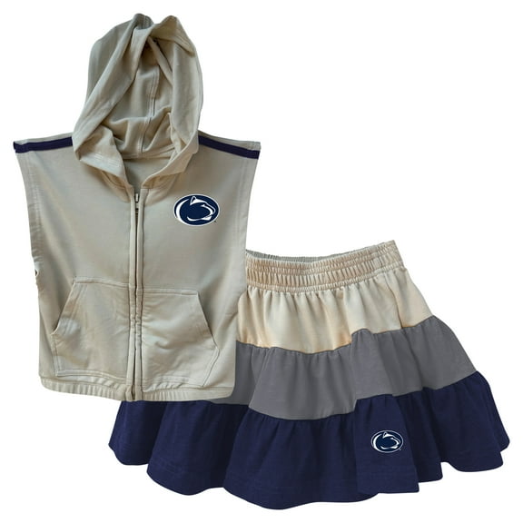 Girls Toddler Wes & Willy Tan Penn State Nittany Lions Tri-Blend Sleeveless Full-Zip Hoodie & Tiered Skirt Set