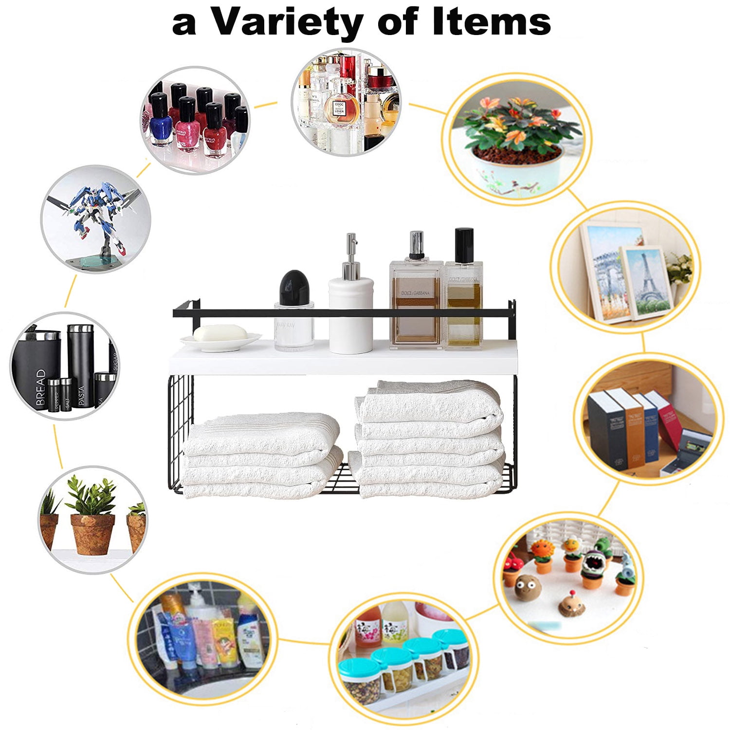 16" Wall-Mounted Floating Shelves W/Storage Basket and Rack & Towel Bar, Home 2+1-Tier White Wood Wall Shelf for Decor & Storage for Livingroom Kitchen Bedroom, Bathroom Shelves Over The Toilet