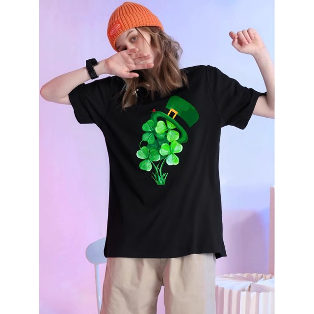 Women's Lucky St. Patrick's Day Graphic Tee - Red with Green Shamrock & Hat Design, Round Neck, Casual Fit, Breathable Polyester Blend, Machine Washable