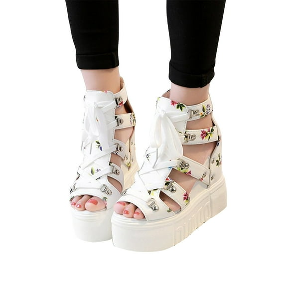 Lovskoo 2024 Womens Platform Ankle Boots Chunky High Heel Booties Strappy Boho Open Toe Hollow Out Wedges Booties White