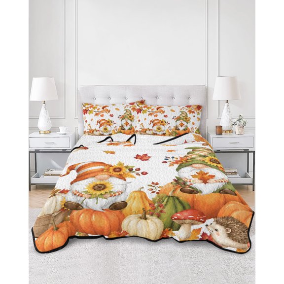 Quilts Queen Size, Fall Pumpkins Soft Comforter Bedding Set for Bed, Thanksgiving Harvest Gnomes Maple Leaves Lightweight Quilted Bedspread with Pillow Cover(2 Pieces) for All Season, 90x96 Inch