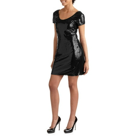 Juniors' Scoop Neck Cap Sleeve Sequins Knit Dress