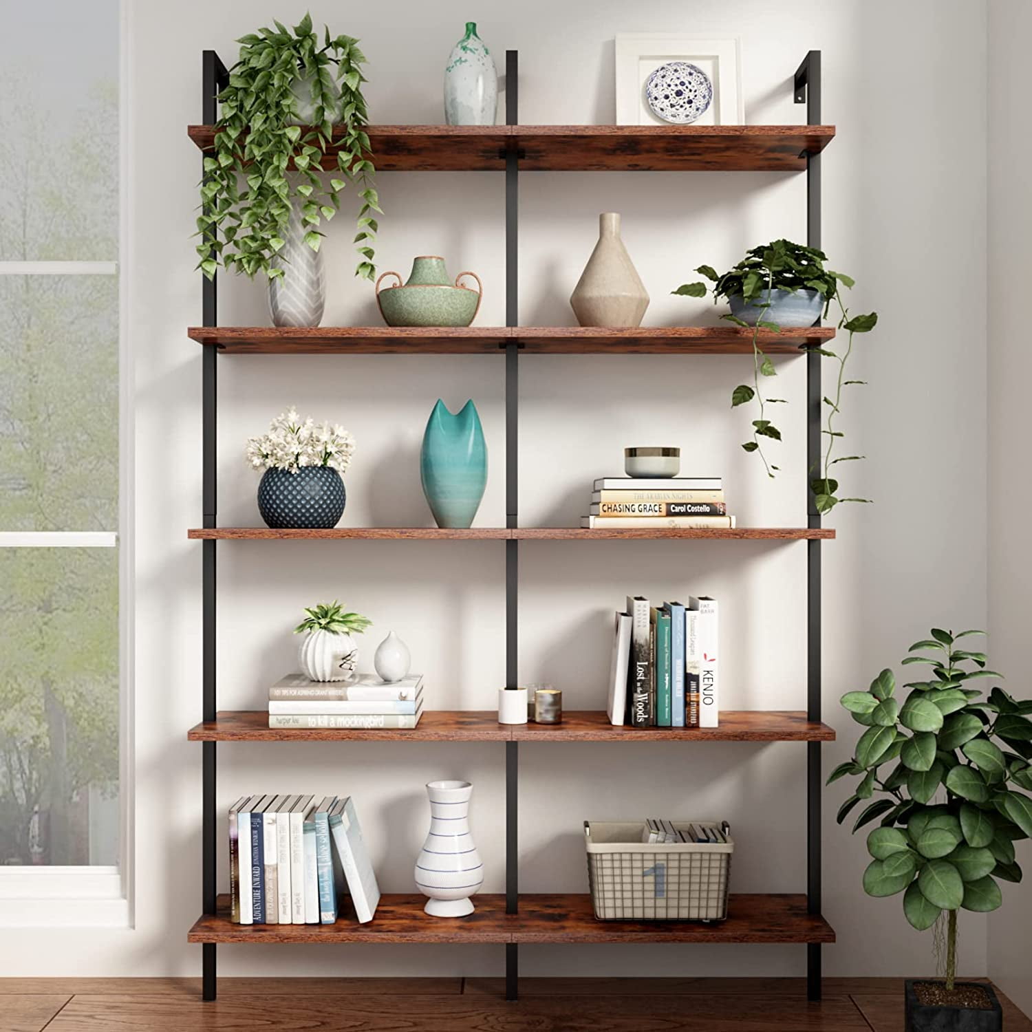 Arumoie Wall Mounted Bookcase, 5Tier Open Ladder Bookshelf