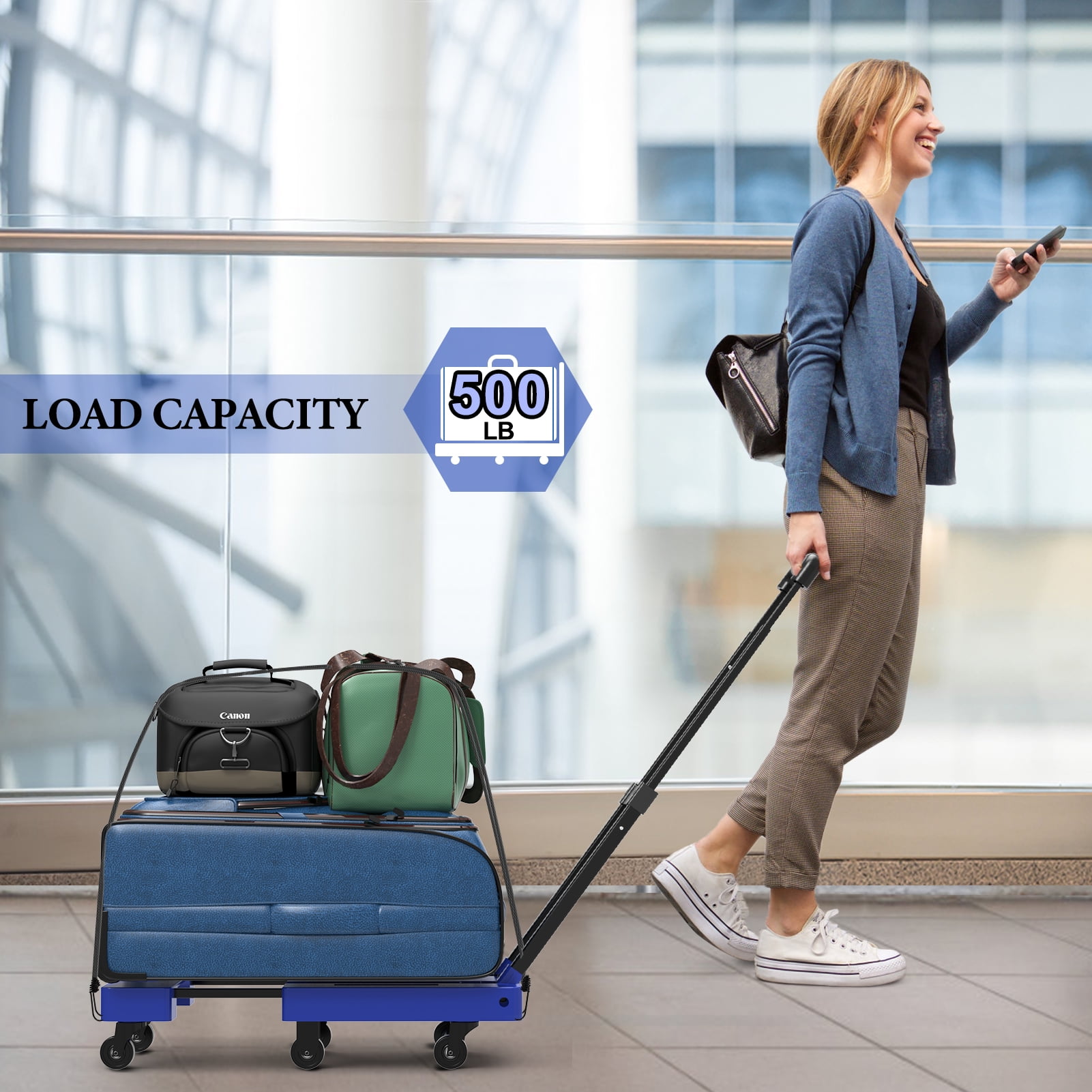 500lbs Folding Hand Truck, Heavy Duty Dolly, Portable 6 Wheels Collapsible Luggage Cart with 2 Elastic Ropes for Moving, Travel, Shopping, House Office Use, Blue