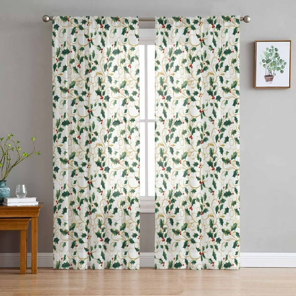 Christmas Botanical Sheer Curtains 63 Inches Length 2 Panels Set, Window Sheer Curtains for Living Room/Bedroom, Green Xmas Leaf Berry Light Filtering Rod Pocket Curtain 52'' x 63'' x 2