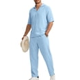 thumbnail image 6 of Jessboyy Mens Pants Sets 2 Piece Outfits Summer V Neck Short Sleeve T Shirts and Pants with Pockets Travel Vacation Outfits Casual Clothing Set Light Blue,L, 6 of 9