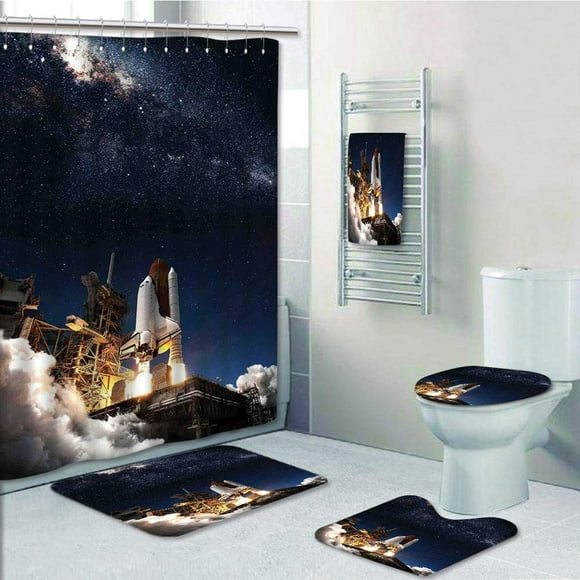 EREHome Galaxy Shuttle on Take Off Discovery Mission to Explore Galaxy Spaceship Solar Adventure 5 Piece Bathroom Set Shower Curtain Bath Towel Bath Rug Contour Mat and Toilet Lid Cover
