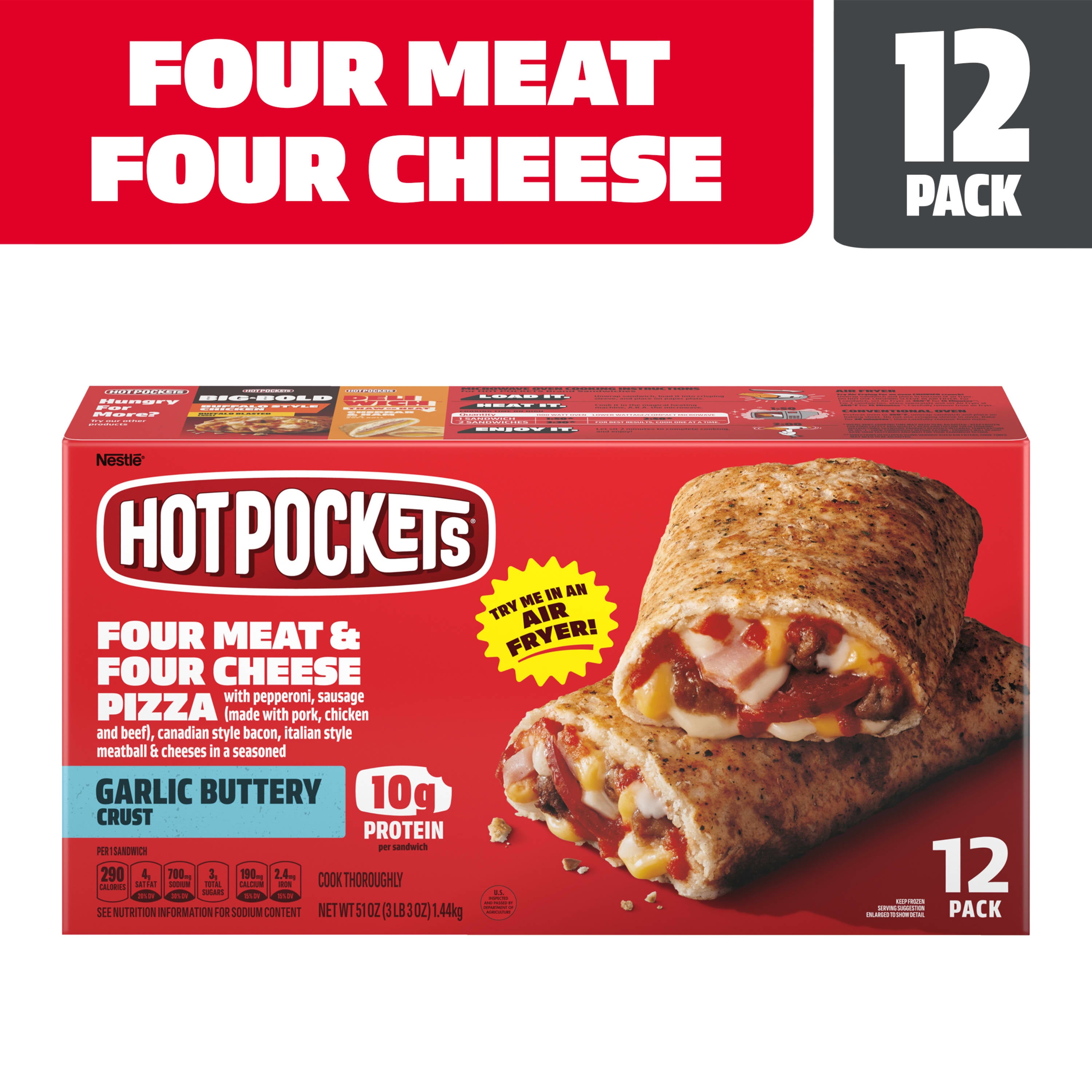 Hot Pockets Four Meat and Four Cheese Pizza Garlic Buttery Crust Frozen Snacks, Pizza Snacks Made with Mozzarella Cheese, 51 Oz, 12 Count Frozen Sandw 51 oz
