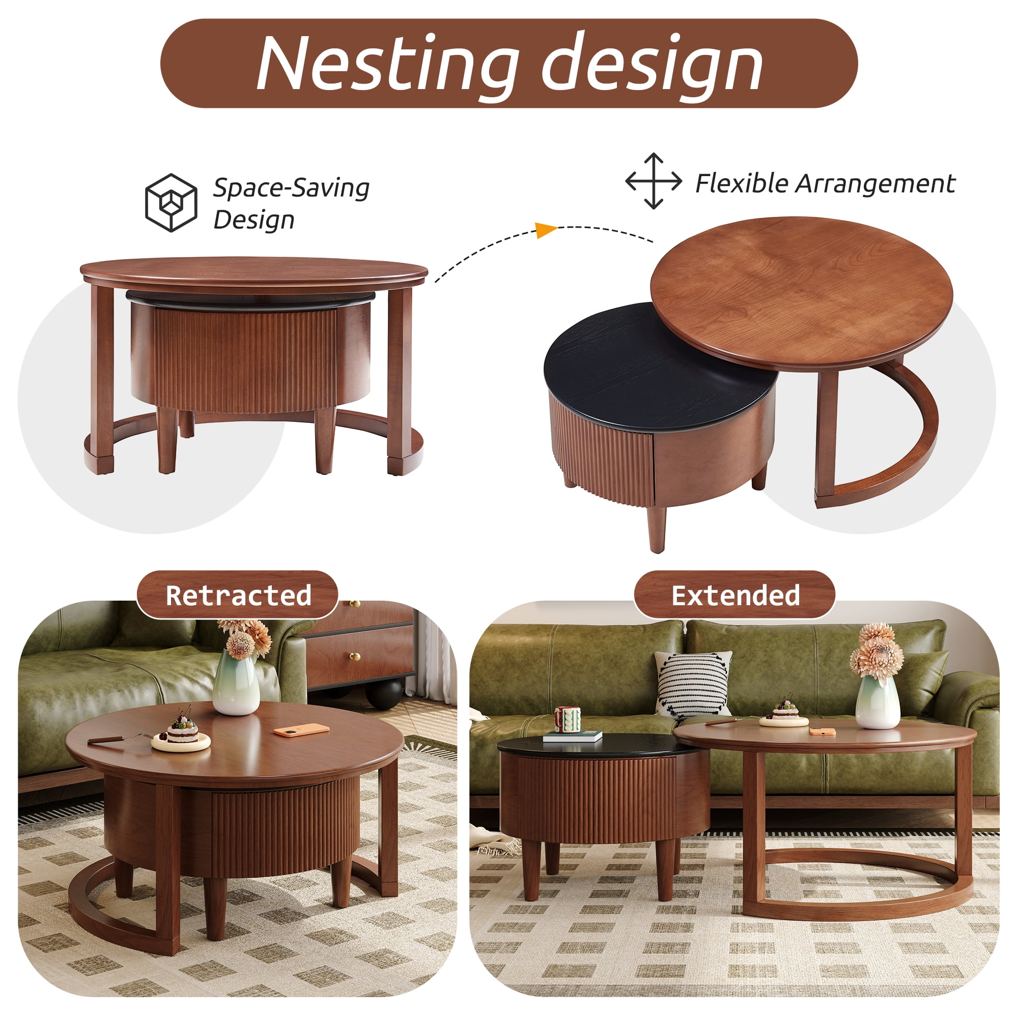 Euroco Vintage Round Nesting Coffee Table Fluted with Drawer in Black & Walnut in 31.5''