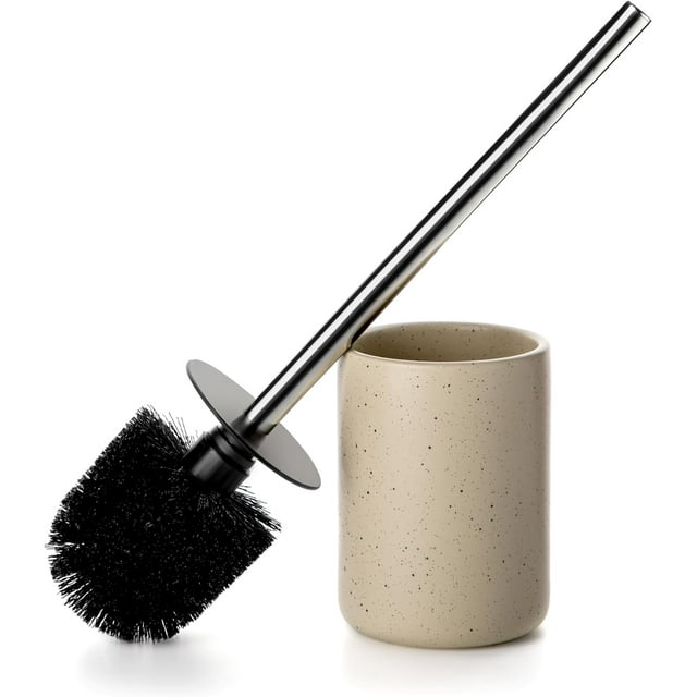 Ceramic Toilet Brush & Holder Set - Freestanding Deep-Cleaning Toilet Bowl Cleaner Brush, Stainless Steel Handle, Small & Sturdy for Storage, Easy to Clean, Non-Scratching