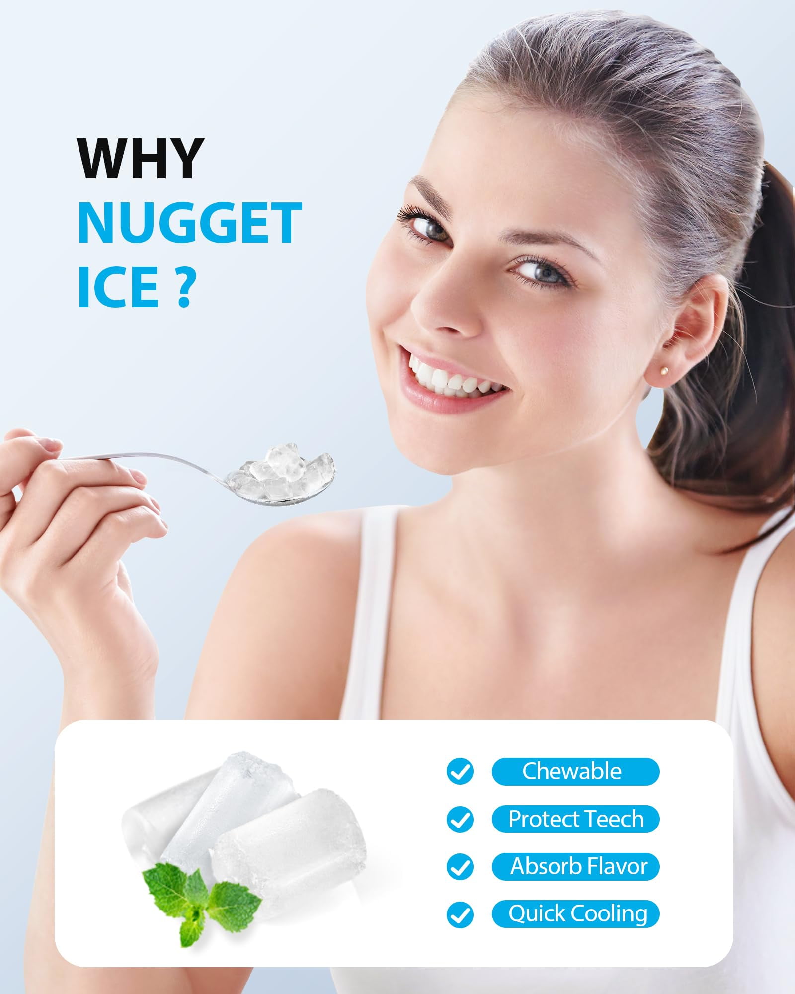 Aeitto Nugget Ice Maker Countertop,Pellet Ice Maker Machine Soft Chewable Ice 40lbs/Day, One-Click Operation,with Scoop for Home/Kitchen/Office,Silver