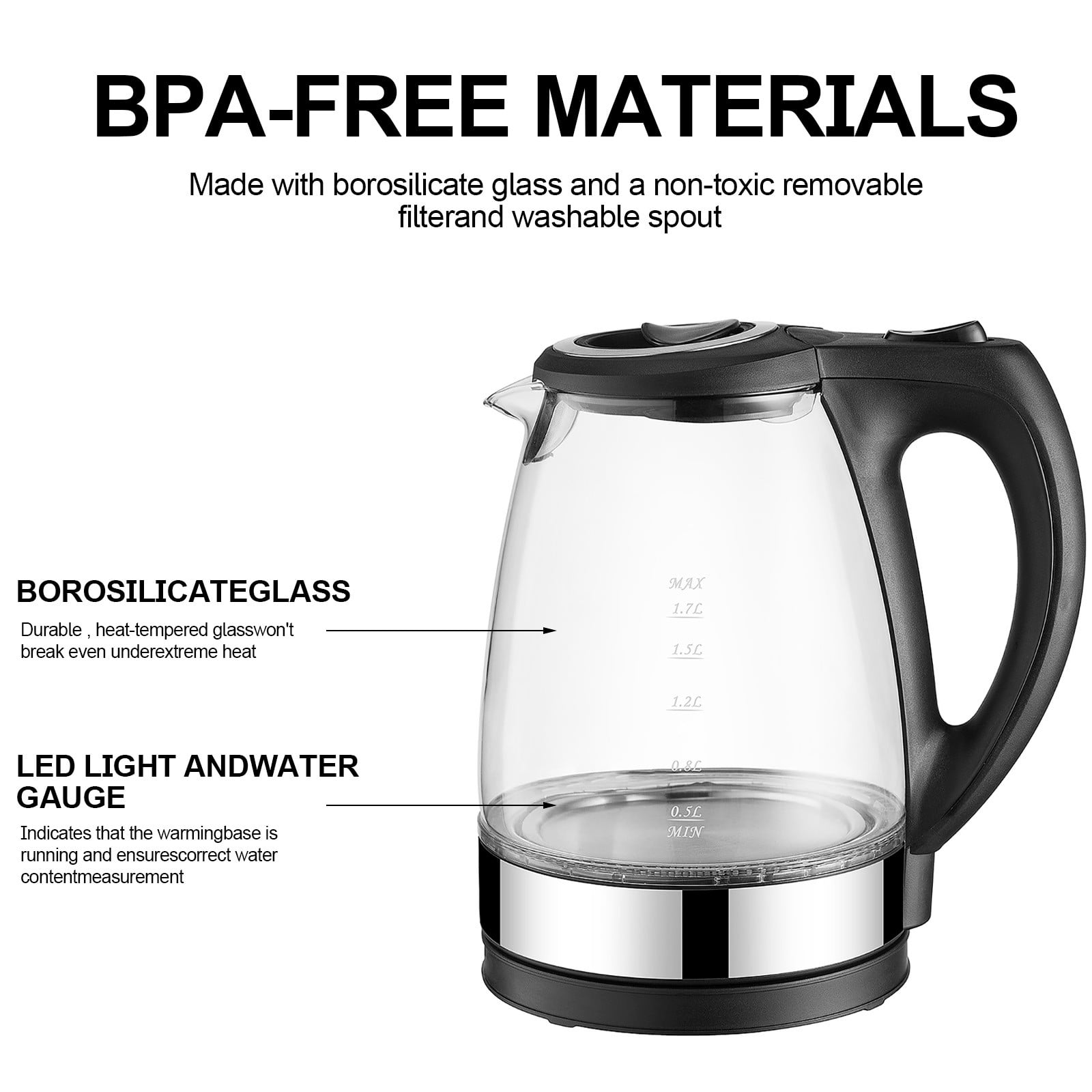 Taotanxi Speed-Boil Electric Kettle for Coffee & Tea - 1.7L Water Boiler 2000W, Borosilicate Glass, Easy Clean Wide Opening, Auto Shut-Off, Cool Touch Handle, 360° Rotation, Boil Dry Protection