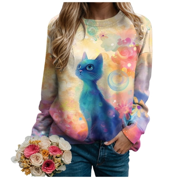 GEWSEY Womens Funny Cat Sweatshirts Fall Casual Crewneck Pullover Tops Vintage Forest Graphic Long Sleeve T Shirts Oversized (Blue, M)