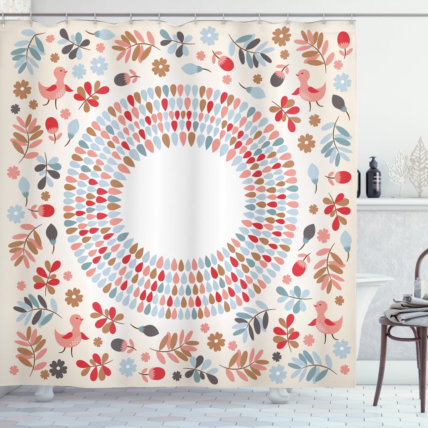 Multicolor Fabric Shower Curtain with Bird and Floral Design