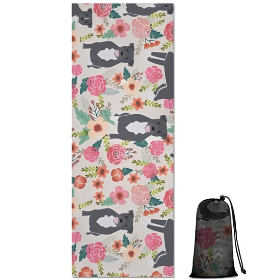 Boston Terrier Dog with Flower Hot Yoga Mat Towel Non Slip for Hot Yoga - Quick-Drying Yoga Mat Cover with 4 Corner Pockets with Travel Bag - Hot Yoga Towel Non Slip 70"x26"