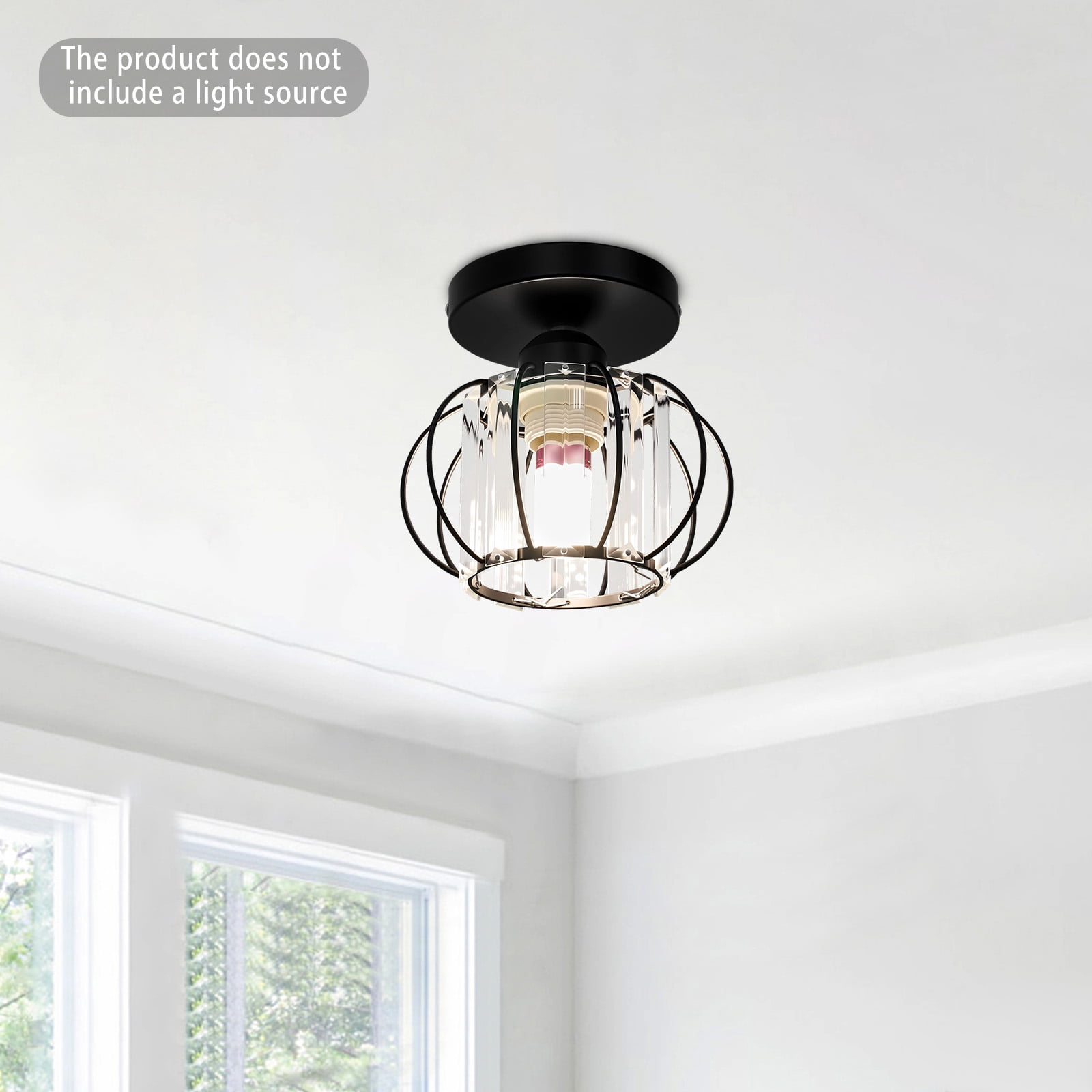 Ceiling Light Fixture, Black Cage Industrial Semi Flush Mount Light with Clear Glass Shade, E26 Base Pendant Light for Kitchen Hallway Bedroom Farmhouse Entryway, 110-240V (Bulb Not Included)