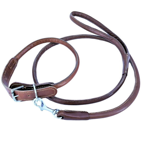 Genuine Leather Round Circle Rolled Dog Collar with Leash 4ft for Medium Large Pet sz M: Neck 12" - 16"