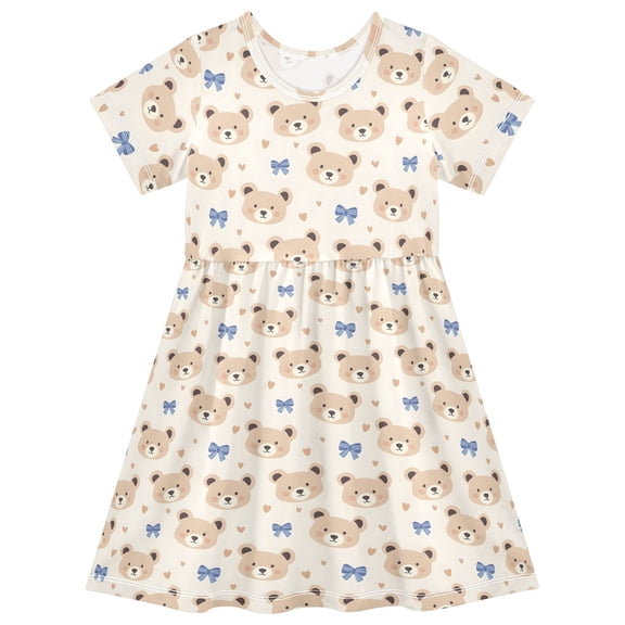 joogoo Cute Bears Bows Girls' Short Sleeve Dress Kids Dresses 5-6T