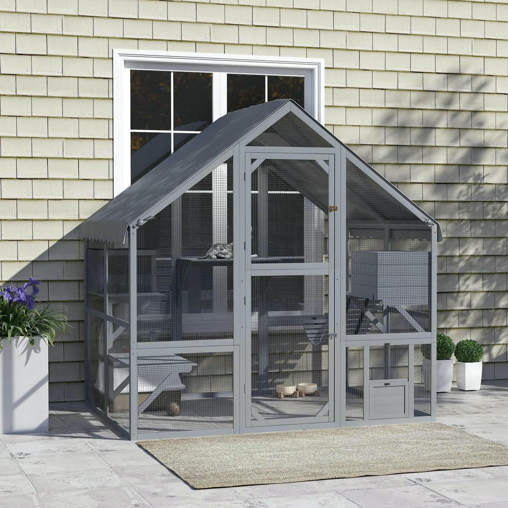Kepooman Cat House, Cat Catio,Outdoor Cat Enclosure with Waterproof Cover, 2 Condos, 4 Platforms, Bridge, Doors, Gray