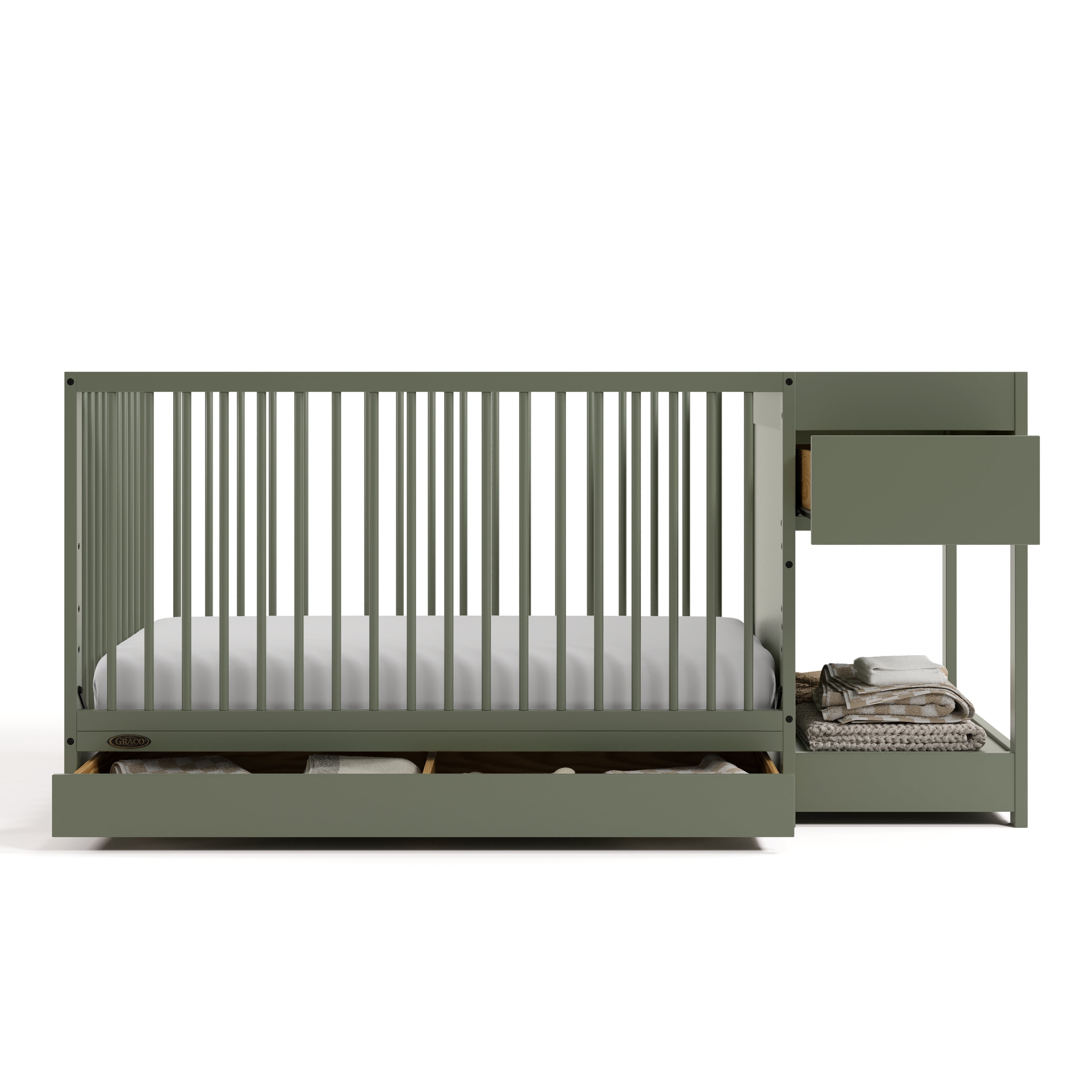 Graco Teddi 5-in-1 Convertible Baby Crib and Changer with Drawer, Olive